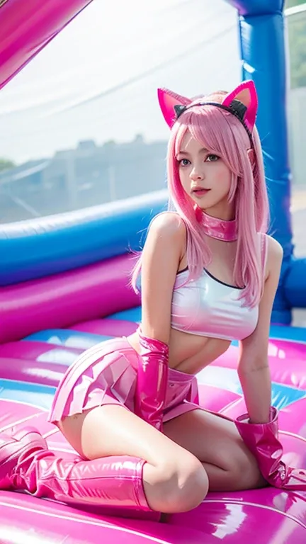  teenager with pink hair, slim model, Latex top  ,  pleats latex skirt pink,  latex arm warmer ,  knee-high latex boots, Cat ears, bouncy castle  ,  realistic , 