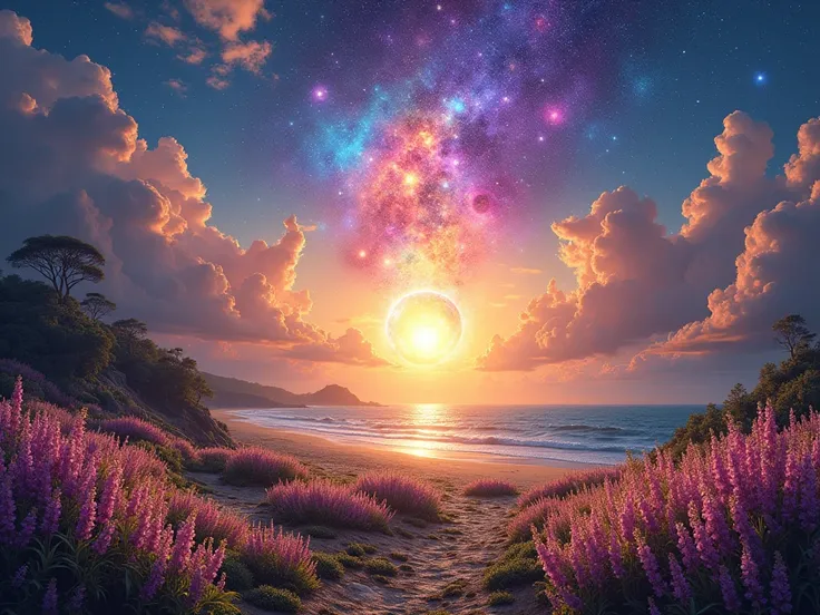 The landscape is a sunrise, a fantastic flower garden, a rainbow, a fantastic pastel-colored flower garden, and a vivid metatron injected with orgonite, radiating a colored kaleidoscope as the universe unfolds in its crystal structure, as if the stars and ...