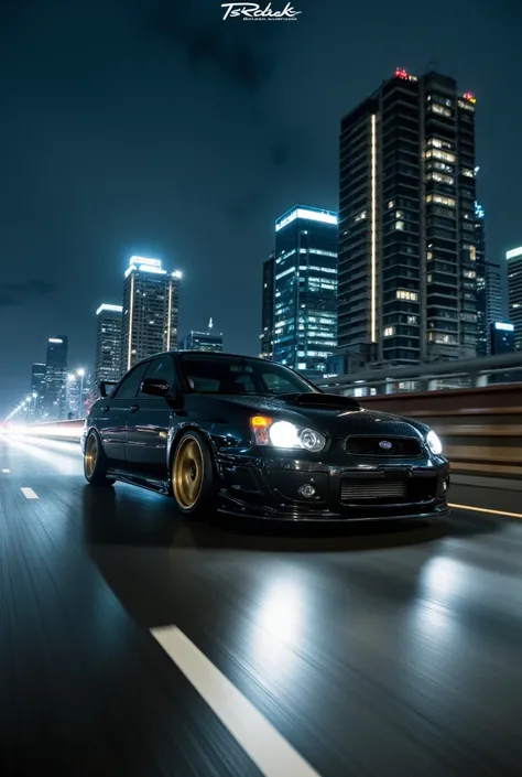 2007 blue Subaru Impreza WRX STi, lowered, with bronze Volk Rays T37 wheels. in a highway at high speed, skyscrapers in the background, after rain, night. motion blur.