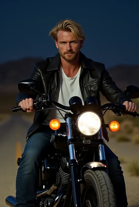 A very handsome man,  with very light blond hair and long , 24 years old,  blue eyes, square chin, strong and muscular arms ,  very similar to Travis Fimmel ,  dressed in a dark leather jacket ,  white t-shirt , dark jeans, dark boots , sitting on a Harley...