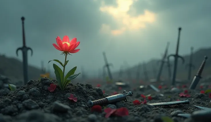 	 A desolate battlefield with broken swords and shields on the ground, as a small flower begins to bloom under heavenly light .