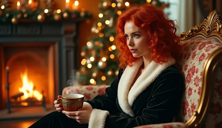 Create a steampunk-inspired festive scene featuring a woman with vibrant red curly hair, dressed in an elegant black velvet robe trimmed with white fur. She is seated comfortably on an ornate sofa adorned with floral upholstery, holding a steaming cup of s...