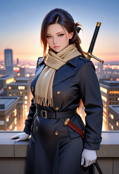  Masterpiece, highest quality, high resolution,4K, 8k,(realistic, photorealistic: 1.5), Long Haired Woman ,  knight 、 plump,  A plump woman with her hair tied back is standing on a rooftop in the city, Staring at the cityscape. She wears a black trench coa...