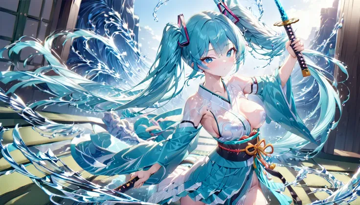 girl masterpiece, best quality high resolution, twintails, blue hair, blue eyes, very long hair, middle breast, detailed face, beautiful shape, hatsune miku, kimono, Japanese-style clothes, gripping a katana sword, standing on the tatami floor, detailed ba...