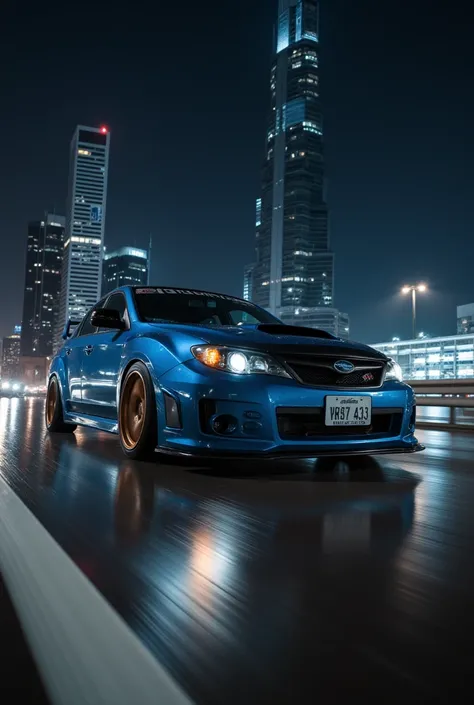 2008 Blue Subaru Impreza WRX STi, lowered, with bronze Volk Rays T37 wheels. in a highway at high speed, skyscrapers in the background, after rain, night. motion blur.