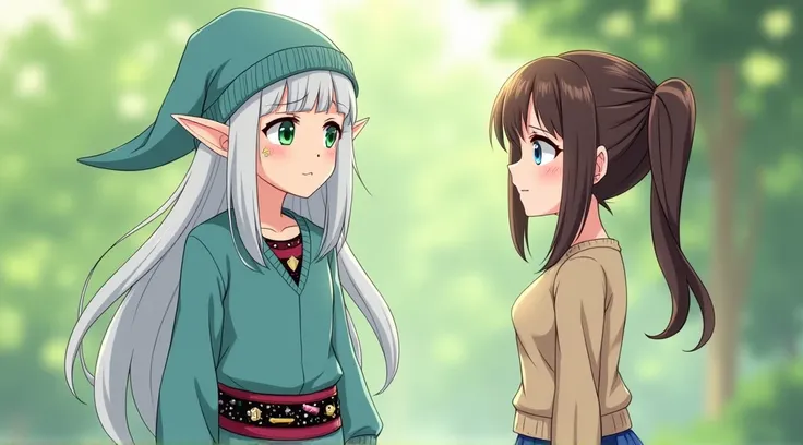  Anime boy elf with long ash-white hair , Emerald Eyes, with fair skin,  facial scars .  Dressed in a light blue sweater with a hat a triangle cut on the navel ,  with a black red belt covered with all sorts of things and black .  The elf looks at a 17-yea...