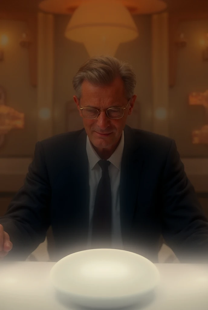 A front view of a man eating in a very fancy and expensive restaurant while the plate in front of the man is empty and there is nothing in the plate.