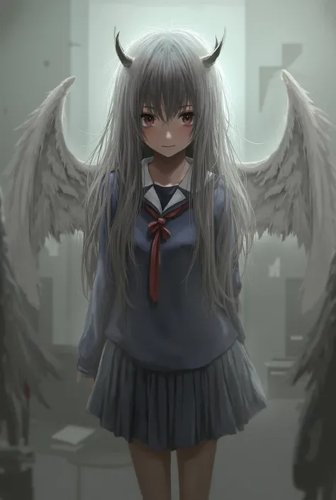 A long-haired girl in school clothes who has devil horns and wings