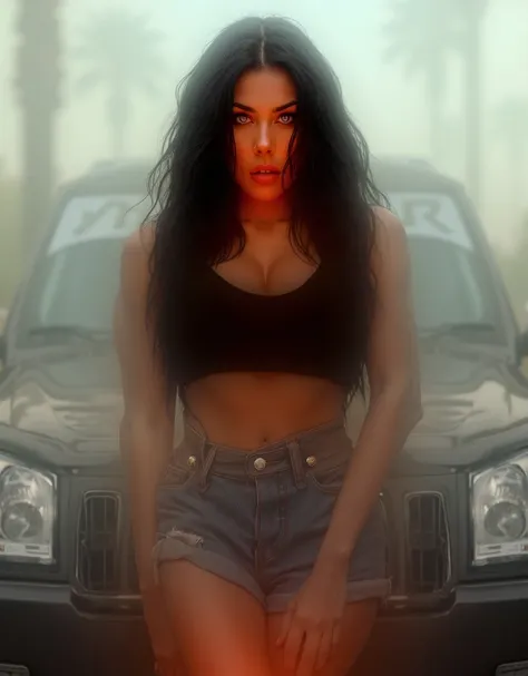 a young curvy liv tyler in los angeles sitting on the hood of a jeep suv wearing a black cropped top and denim shorts and posing for the camera, detailed face, 8k, photorealistic, palm trees in the background, pawg, curvy, blue eyes and straight black hair...