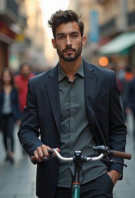 A young, handsome boy is standing in front of a bike. He has smooth cheeks and a beard on his face. His skin is smooth and beautiful. There are some people around, but they appear blurry in the background.

