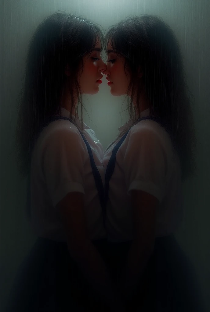 Two very sexy women very Big breast wearing school uniform standing nose to nose in rain pinned each other against wall grind bodies kiss each other boobs pressed together hugging each other passionately erotic sex rain wet bodies  kissing each other 