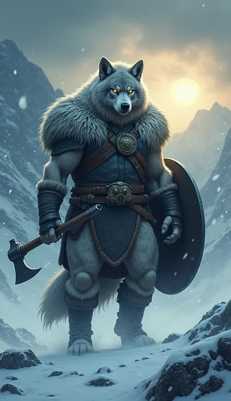 A powerful warrior hybrid, part Viking and part wolf, stands ready for battle in a snowy mountain pass. The warrior has the muscular build of a Viking, wearing fur-lined armor with a horned helmet, but his lower body and arms have the thick, powerful fur o...