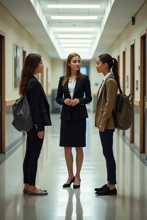 Realistic photo, elegant female teacher talking to two teenage white girls in school corridor, all barefoot 