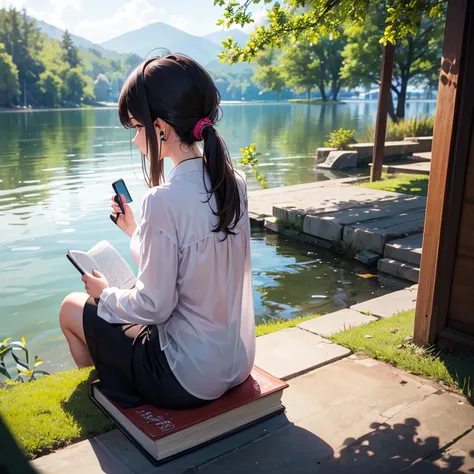 A beautiful slim Asian woman is wearing oversized loose blouse. Wearing a headset earphone. Sitting on ground reading a book by the Lake. Show full body. Tied hair at the back. 1girl, Solo, from behind view.