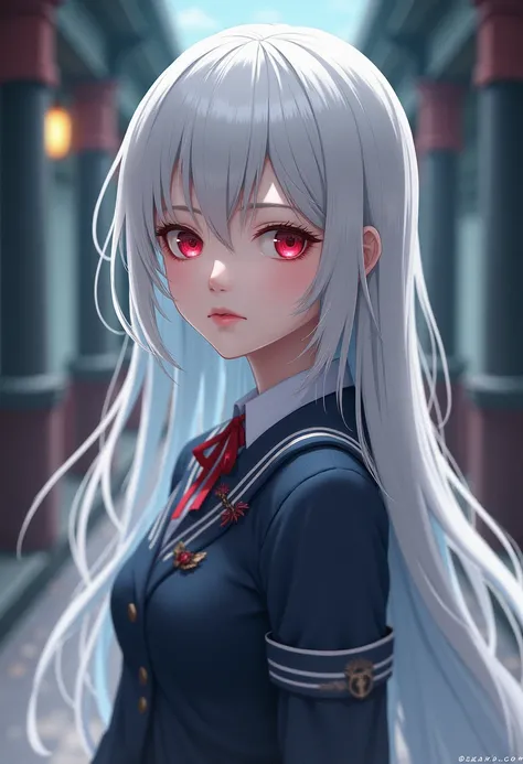 Cute girl with long straight white hair with red eyes in Japanese high school dress