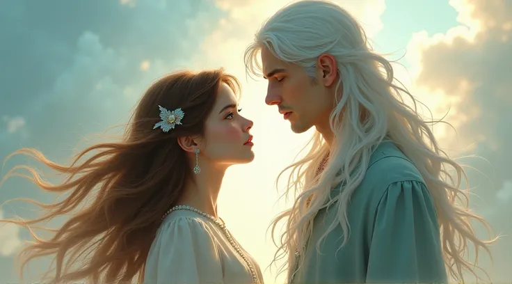 A girl with brown hair and blue eyes and a guy with long ash white hair