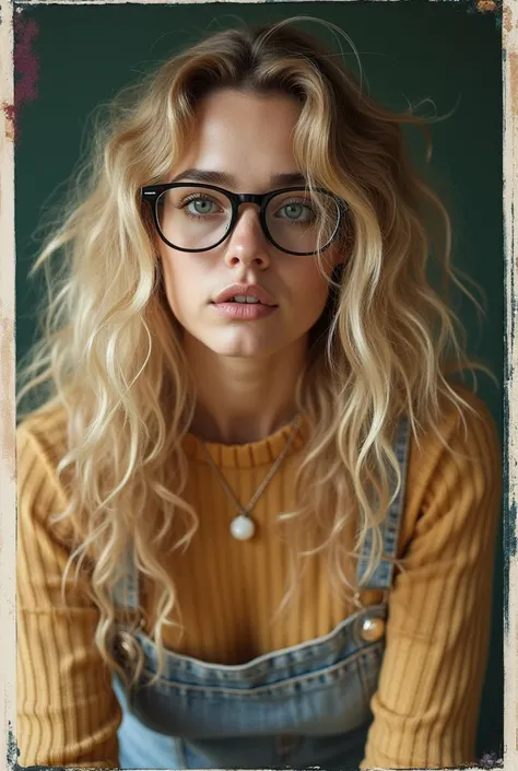 Nerdy Woman, Polaroid frame, average face, 28 years old, glasses, Long blonde curly Hair, crotchet Outfit, full Body shot