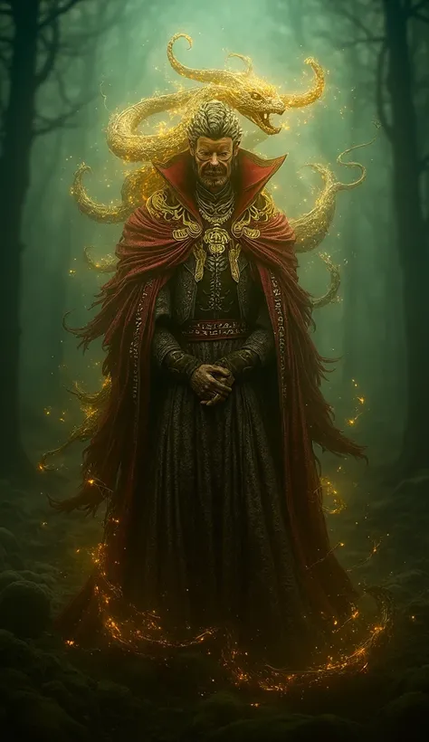 A combination of Doctor Strange and a mystical serpent-like creature. The creature has the mystical robes of Doctor Strange, with glowing runes along its body and the serpents sleek, powerful frame. The creature’s golden scales shimmer as it coils through ...