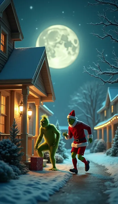 (photorealim:1.2)night time lights and moon and then Grinch stole Christmas gift from the door of house and Messi in Santa Claus dress chasing Grinch 