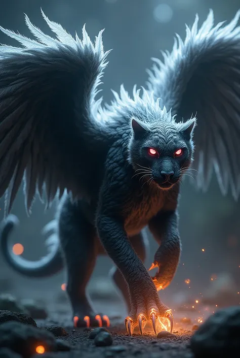 A shadowy panther-owl hybrid with wings dripping silver fire, glowing pink eyes, and talons ignited with flames.
