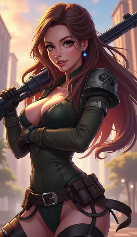 Beautiful girl　Combat Women　８９rifle　The hair is brown   military outfit　More cute  Full-body  Semi-realism  Sexy   cleavage  league of legends style vibrant  wide-view 