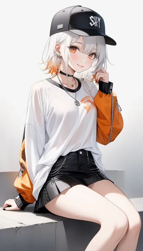  ONE CUTE -OLD GIRL ,Young Face、 slim figure、Thin legs、7.5 heads、((Beautiful white hair color ))、( Beautiful, very thin orange inner color hair)、(( Shortcut with nicely aligned tips 、Stylish Baseball Cap ))、(( Shirts that are exposed a lot and open slightl...