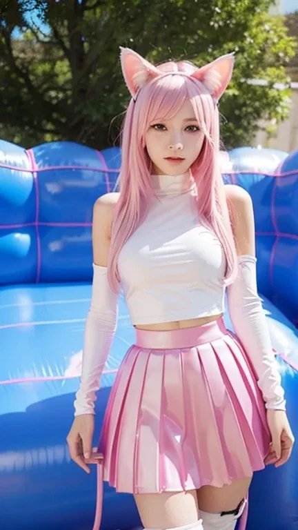  teenager with pink hair, slim model, Latex top  ,  pleats latex skirt pink,  latex arm warmer ,  knee-high latex boots, Cat ears, bouncy castle  ,  realistic , 