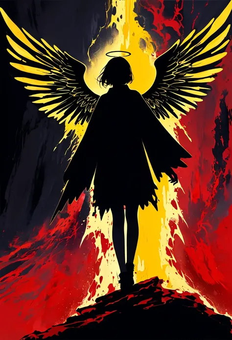 (masterpiece, best quality),A minimalist and artistic illustration of a black angels silhouette in the center, attempting to ascend from hell at the bottom to heaven at the top. The lower portion of the image is represented by a red abstract area symbolizi...