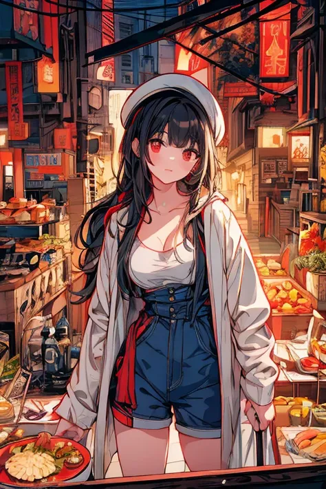 a cartoon woman smoking while wearing a bathrobe among other decorative items, 1girl, breasts, long hair, cleavage, black hair, looking at viewer, hat, bird, chopsticks, shorts, shirt, solo, food, red eyes, 
beautiful composition, cinematic lighting, extre...