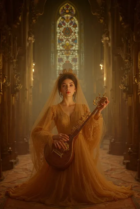 Draw a realistic women looking at camera and playing a turkish enstrument in a georgeus chapel 