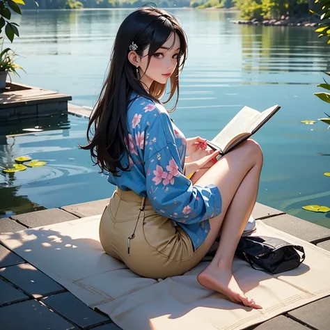 A beautiful slim Asian woman is wearing oversized loose coloured patterns blouse. Wearing a headset earphone. Sitting on ground, cross leg lotus position. reading a book by the Lake. Show full body. Tied hair at the back. 1girl, Solo,