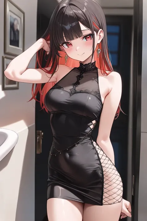 (Best quality, 4k, 8k, high resolution, masterpiece:1.2), ultra detailed, intricate details,SOLO,beautiful woman, cowboy shot, (sleeveless   micro dress),(),,(side mesh dress),middle hair, red multicolored hair, (),blunt bangs、slim body、red eyes, medium br...