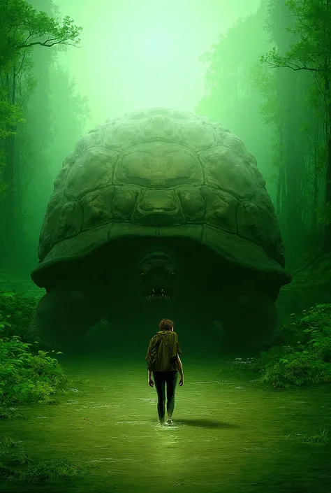 Young man walking with giant turtle side of river.