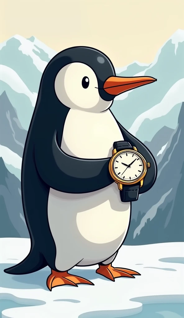 A clean, polished, minimalist cartoon-style background featuring bold black outlines and smooth shading, consistent with the vibrant and meme-worthy aesthetic. The scene is of a Penguins hand, wearing a luxury watch. The overall style is vibrant, polished,...