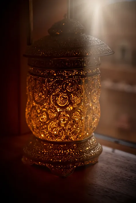 A close-up of an ornate lantern with intricate Islamic geometric patterns, casting soft light through its carved openings onto a wooden windowsill. Outside, the faint outline of Cordoba’s streets is visible.