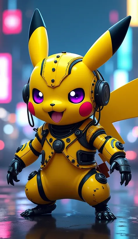 A stylized, anime-inspired Pikachu character, positioned in the mid-frame, is crouching. The character is primarily bright, almost neon, yellow, and features mechanical elements, resembling cyberpunk or futuristic design.  The characters attire is a bright...