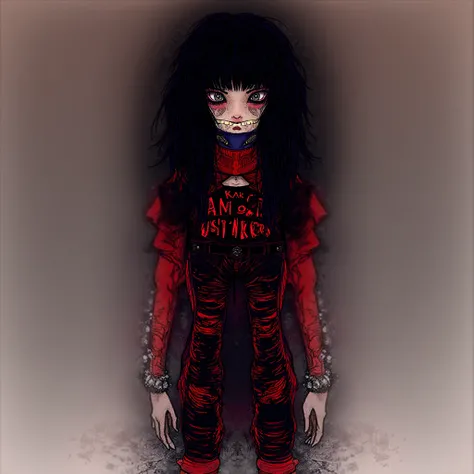 A little goth girl,She has jet-black hair with long bangs covering part of her face, giving her a mysterious allure, Her outfit features a cropped black t-shirt with red lettering that reads SINNER, paired with striking red and black striped tights, She we...