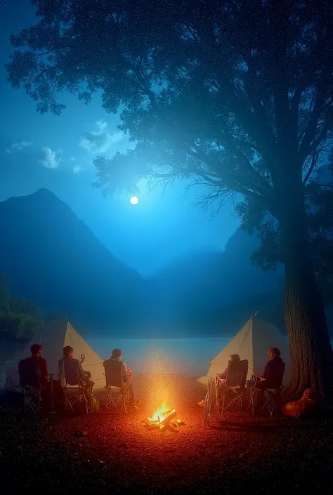 A group of people is sitting on wooden chairs arranged in a semi-circle around a crackling campfire, casting a warm, flickering glow on their faces. Behind them, sturdy canvas tents are pitched neatly, their fabric gently swaying in the breeze. To the righ...