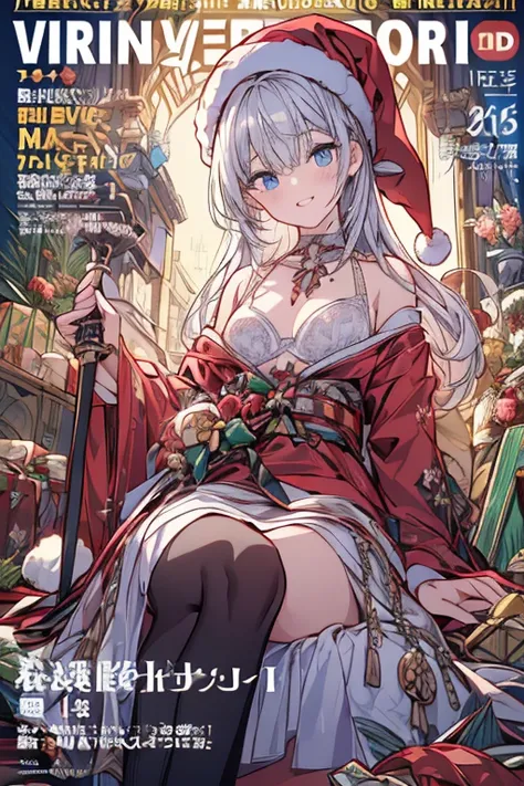 (from below:1.2),((1girl, silver hair, long hair, qutel blue eyes, beautiful eyes, pretty smile:1.5, ), ( off-shoulder dress:1.1, sweater dress,, santa hat, black tights, santa boots), (((holding ominous japanese sword:1.1 ))), ((battlescene,slashilg,killi...