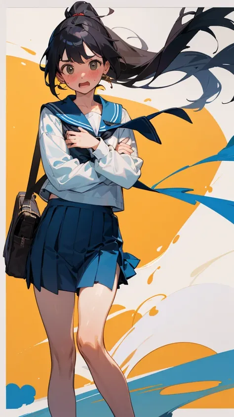 ( beautiful girl : 1.3), 1 girl,( sailor suit, Long Sleeve , skirt, earrings for women with first name, pure white underwear,pubic hair, loafers without pants), black hair, ponytail,Surprised,Embarrassed,blush, student bag,Strong winds,風で skirtがめくれる,Around...