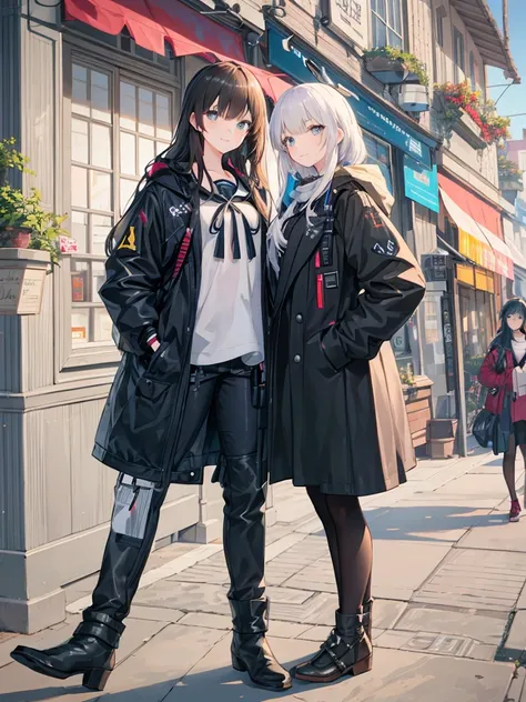 anime - style picture of two women standing on a sidewalk in front of a store, girls frontline style, two beautiful anime girls, artwork in the style of guweiz, from girls frontline, kantai collection style, artgerm and atey ghailan, girls frontline cg, st...