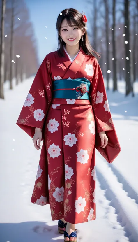  It depicts a beautiful Japanese woman wearing a kimono 、 excellent quality, 4K quality, Realistic skin tones,Fleshy , 筋Fleshy の腹筋、NSFW、 ((( Red Floral Kimono),  hair accessories)), ((smile:1.5,  open your mouth wide )),  walking , ( beautiful scenery), wi...