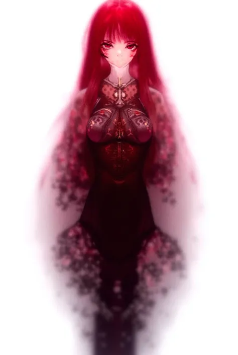 Anime character design, **full body** (front view):  

A girl with long, straight crimson-colored hair, featuring slightly wavy tips. She has a serene and mysterious expression, with large, stylized ruby-colored eyes that are bright and striking. She wears...