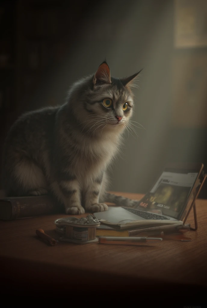 A beautiful animal sit on study table and watch  video on laptop