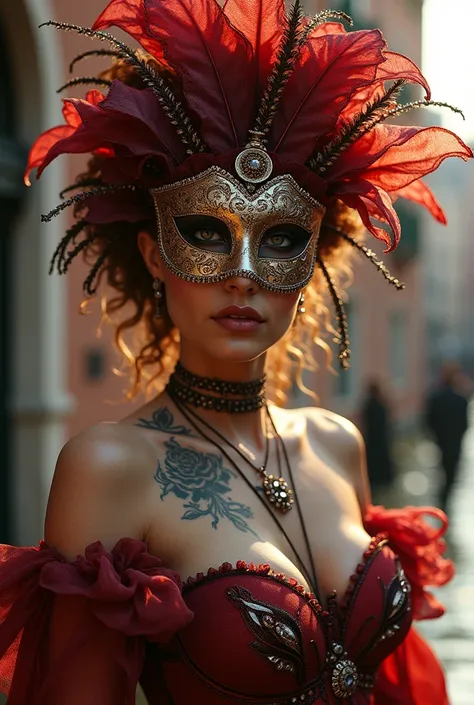 a sexy young woman in a Venice carnival costume at the Venice Carnival, carnival mask, tattoos, highly detailed, photorealistic, sensual pose, dramatic lighting, cinematic, fantasy, intricate details, vibrant colors, masterpiece