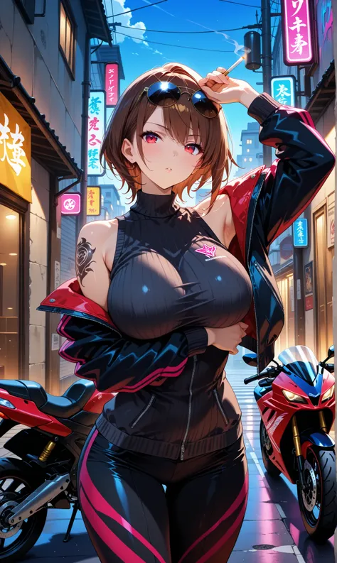 1girl,solo,breast,short hair,brown hair,red eyes,circular sunglasses,arm under breast other hand holding cigarettes,arm up,standing, stylish, shoulder skin,off shoulder, sexy,dark sweater, long sleeves,motorbikes jacket,dimly lit alleyway ,night with neon ...