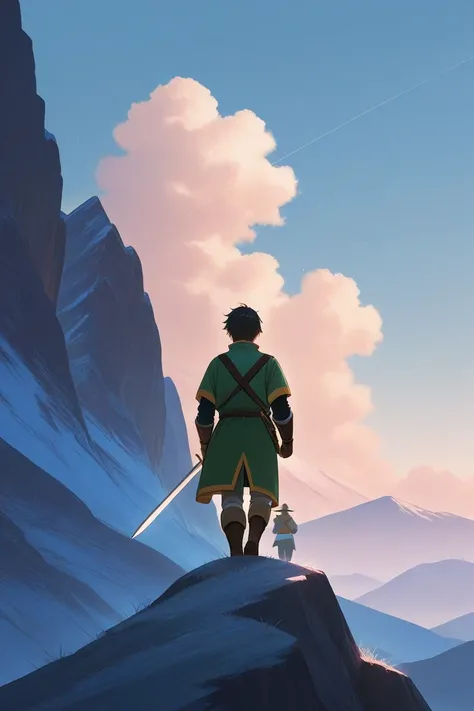  make a boy with an adventurers suit and a sword, medium long and handsome hair ,  walking on a mountain 