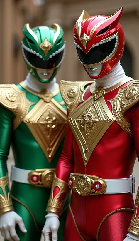 Number of Rangers: 2 (red, green).

Design:

Suits with intricate Moroccan geometric patterns and golden highlights.

Helmets inspired by traditional Moroccan archways and star motifs.

Weapons: Crescent-shaped energy blades.