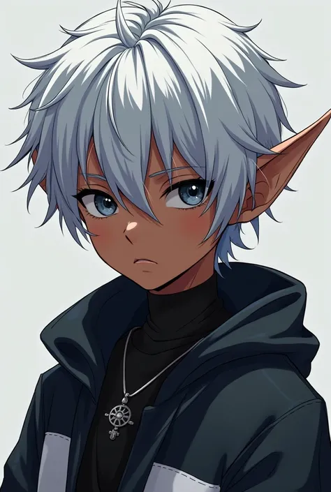 Raise a  black boy, with a serious expression,  silver hair ,  black and white clothes ,  anime style , elf ears