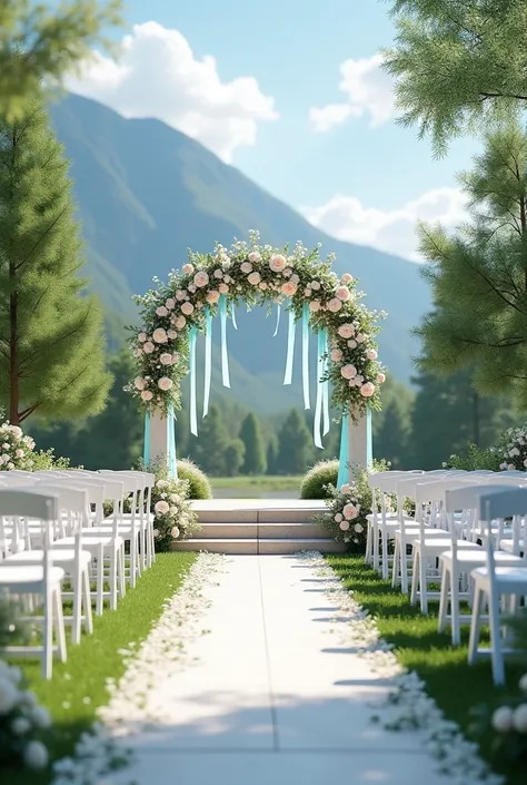  outdoor wedding altar with chairs for guests and decoration with flowers and blue ribbons, dorado, white realistic aesthetic  